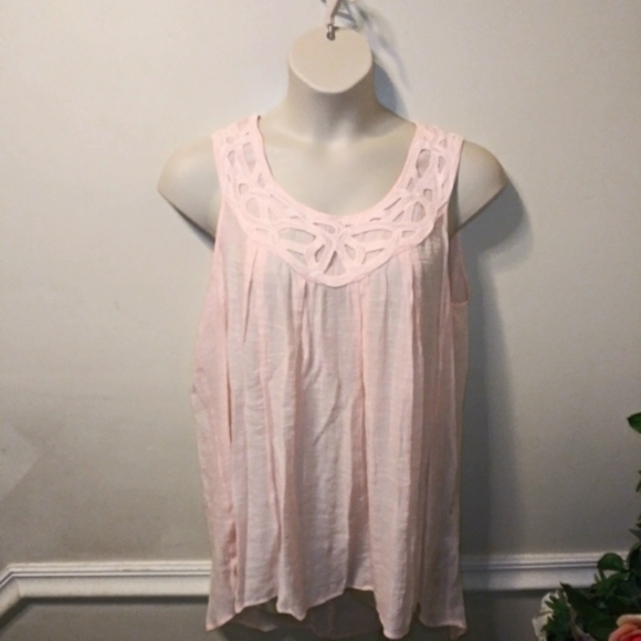 Spense Size 1X Gauzy Lace Trimmed, Light Pink Sleeveless Boho Tunic Top - Picture 9 of 9